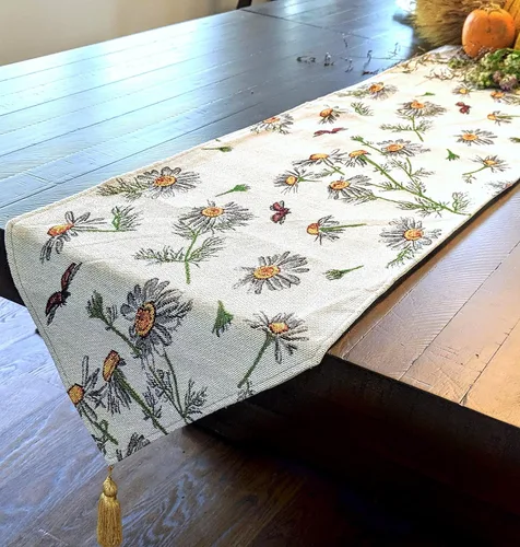 Vista 8 de Tache - Camino de mesa floral marfil de 13 x 54 pulgadas, margaritas blancas y amarillas, flores de manzanilla, tapiz vintage tejido para cocina