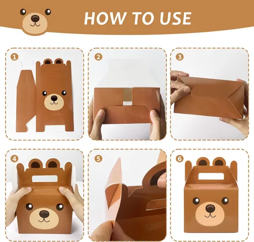 Vista 3 de 12 cajas de golosinas de oso para fiestas, suministros de oso para baby shower, cajas de regalo para niños y niñas, tema de oso marrón, decoración