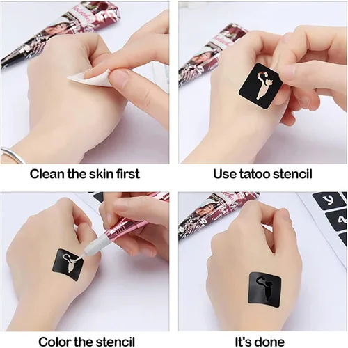 Vista 5 de Plantillas temporales de tatuaje reutilizables para mujeres y niñas, kit de plantillas de tatuaje de henna, plantillas temporales de tatuaje