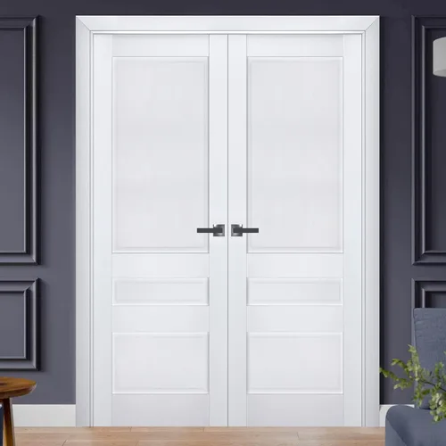 Vista 2 de Puertas dobles francesas interiores sólidas de 36 x 80 pulgadas Veregio 7411 seda blanca Marcos de panel sólido de madera Puertas resistentes