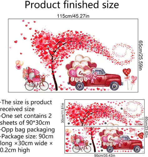 Vista 6 de Calcomanías de pared para el día de San Valentín, 2 hojas de calcomanías de pared de árbol de corazón, gnomo rojo, calcomanías de pared extraíbles
