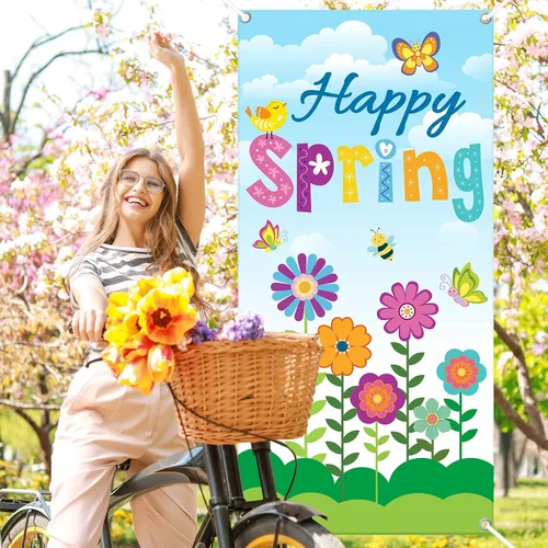 Vista 4 de Whaline Decoración de cubierta de puerta con texto en inglés «Hello Spring» con diseño floral de primavera para puertas delanteras, pancarta