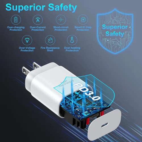 Vista 5 de Cargador para teléfono 17, 16, 15 Pro Max, carga rápida PD de 30 W, cable de carga para iPhone 17 de 6 pies (65 W/3 A), cable largo USB C con iPhone