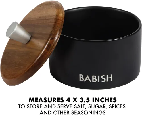 Vista 5 de Babish Bodega de sal de gres con tapa de madera - 4" X 3.5