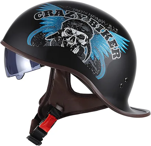 Vista 10 de Hanhua Medio casco de motocicleta para adultos, hombres y mujeres, casco de calavera de cara abierta vintage, aprobado por DOT/ECE, AVT Cruiser