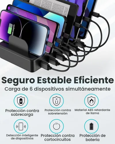 Vista 3 de CREATIVE DESIGN Estación de carga múltiple de 50 W y 6 puertos con 6 cables de carga, base de carga USB para múltiples dispositivos, compatible