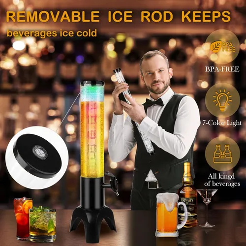 Vista 3 de Dispensador de cerveza Margarita Tower, dispensador de torre de mimosa de 50 onzas con tubo de hielo y luz LED, dispensador de torre de bebidas