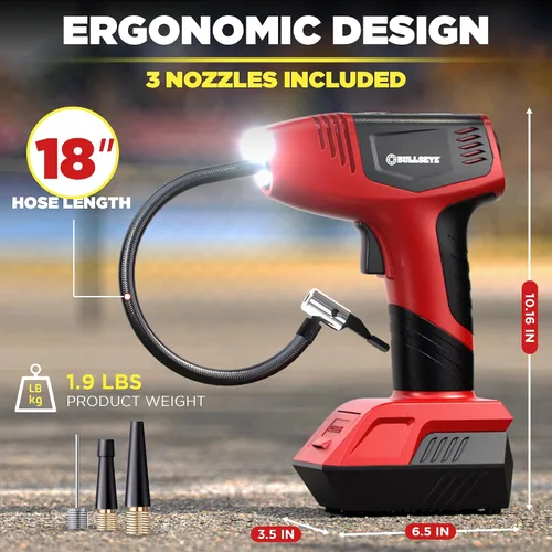 Vista 7 de BULLSEYE PRO - Inflador de neumáticos con manómetro, compacto y portátil, apagado automático, 150 PSI máximo, USB recargable para el hogar y cable