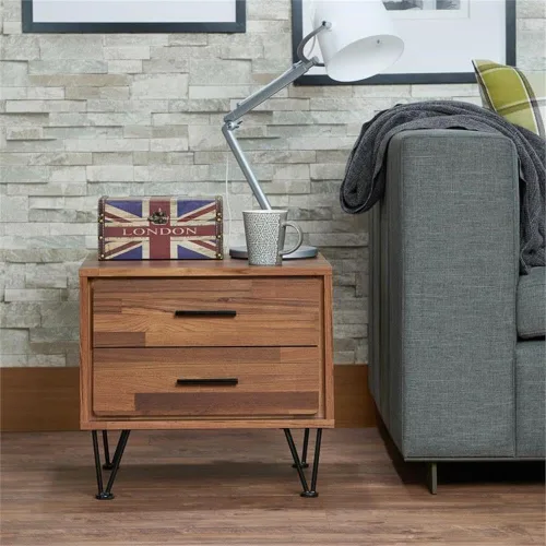 Vista 3 de Acme Deoss Mesita de noche rectangular de madera con 2 cajones con patas en forma de V en nogal