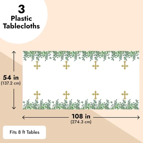 Vista 4 de Sparkle and Bash Manteles de bautismo, paquete de 3, 54 x 108 pulgadas, plástico dorado, decoración de mesa religiosa desechable para bautismo