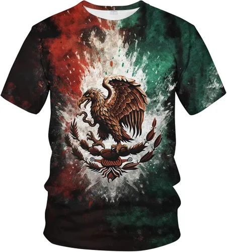 Vista 2 de Srcnhim Colorida camisa mexicana bandera de México impresión 3D moda camisetas de manga corta