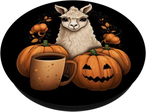 Vista 2 de Llama Alpaca Calabaza Especias Latte Otoño Acción de Gracias Halloween PopSockets Estándar PopGrip