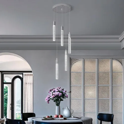 Vista 20 de Iluminación colgante moderna para isla de cocina, lámpara colgante regulable LED con acabado cromado, mini iluminación colgante de cristal