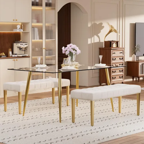 Vista 35 de Baysitone Juego de mesa de comedor de cristal de 51 pulgadas para 4, juego de 5 piezas de comedor moderno, mesa de cocina rectangular de vidrio