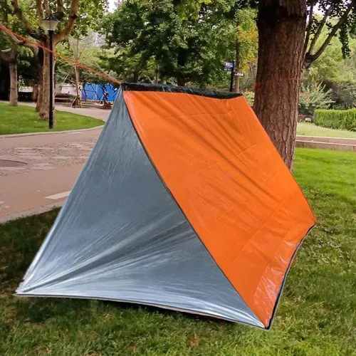 Vista 6 de Tienda de supervivencia de emergencia naranja - Tienda de campaña de tubo para 2 personas con silbato de supervivencia y cuerda de paracaídas