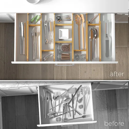 Vista 2 de EcoFives Separadores de cajones de bambú ajustables con insertos, organizador de cajones expandible con resorte para cocina, ropa, herramientas