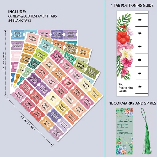 Vista 2 de Pestañas de índice de la Biblia católica española, pestañas del Nuevo y Antiguo Testamento, diseño floral laminado mate, suministros de diario