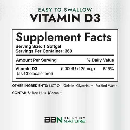 Vista 4 de Built by Nature Suplemento de vitamina D3 de 5000 UI, 360 mini cápsulas blandas Con aceite de coco MCT, alta absorción, fácil de tragar