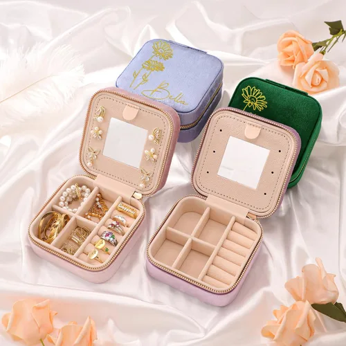 Vista 7 de Joyero personalizado de terciopelo con espejo, diseño de flores de nacimiento personalizadas, organizador portátil de cumpleaños, día de la madre
