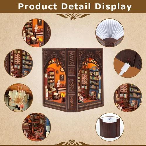 Vista 3 de Kit de rincón de libros para adultos y adolescentes – Rompecabezas de casa de muñecas de madera 3D DIY con luz LED, biblioteca de Mark Twain
