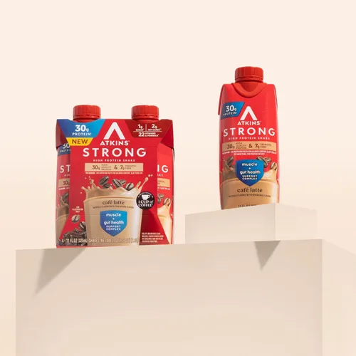 Vista 6 de Atkins - Batido Fuerte de Alta Proteína, Sabor Café Laté, 30g de Proteína, 7g de Fibra Prebiótica, Apoyo para la Salud Muscular y del Intestino