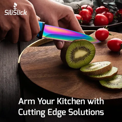 Vista 9 de SiliSlick Juego de cuchillos para carne de acero inoxidable, cuchillos de cocina coloridos con revestimiento de titanio con borde recto, suave