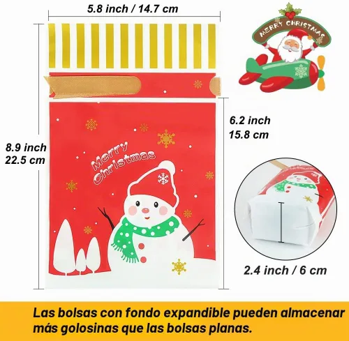 Vista 3 de HRX Package 50 bolsas de regalo de Navidad, 5.8x9x2.4 pulgadas, bolsas de golosinas con cordón de caramelos para regalos de comida, galletas de Rojo