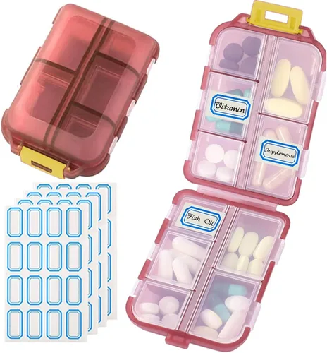 Vista 24 de Organizador de pastillas de viaje portátil, estuche pequeño para bolsillo, pastillero para bolso, organizador de medicinas con 10 compartimentos