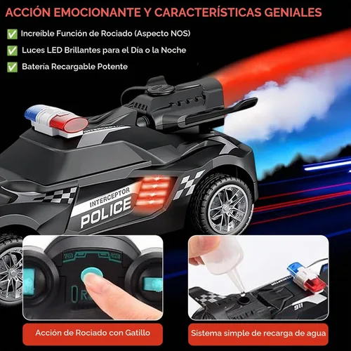 Vista 2 de Coche de policía de juguete con control remoto con efecto de humo y luces LED, auto RC recargable rápido para niños, neumáticos de goma
