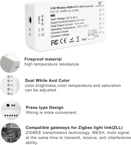 Vista 2 de GLEDOPTO Zigbee - Controlador RGBW RGBCCT 5 en 1 de tira de luz LED, compatible con SmartThings Hub, dispositivo Zigbee Zll Link Amazon Alexa Echo