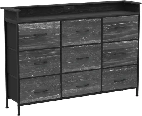 Vista 5 de EXOTICA Cómoda negra con estación de carga, 9 cajones con luz LED y puertos USB, cómoda de tela para dormitorio, pasillo, entrada, armarios, marco