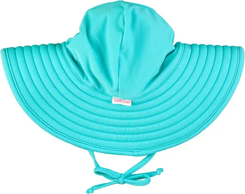 Vista 8 de RuffleButts® - Sombrero de playa con visera ancha y protección solar UPF 50+ para bebés y niñas 80% Nylon 20% Spandex, Reversible Polka Dots Banana
