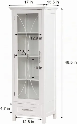 Vista 7 de Teamson Home Delaney Linen Tower - Torre alta y estrecha para baño, ahorra espacio de almacenamiento con 1 puerta de panel de vidrio, 3 estantes