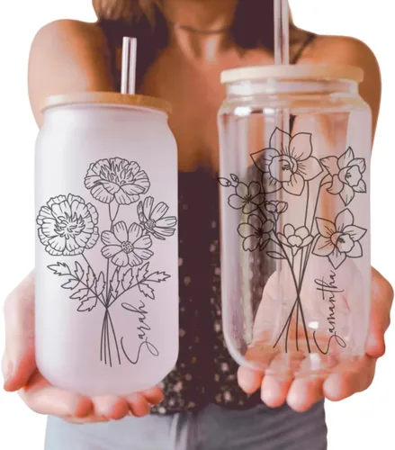 Vista 2 de Juego de vasos personalizados con diseño de flor de nacimiento de pajita, taza de vidrio personalizada con tapa, ideas de propuesta de dama de honor