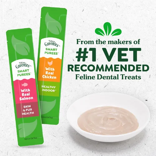 Vista 2 de Greenies Feline Smart Purees Golosinas Lickables Saludables para Interiores para Gatos con Pollo Real, Tubos de 0.49 oz., 4 Unidades (Paquete de 11)