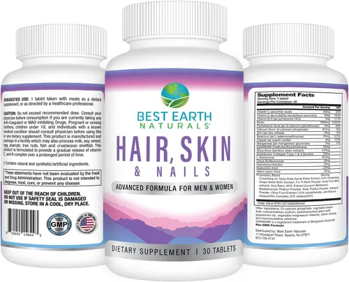 Vista 2 de Best Earth Naturals Suplemento para cabello, piel y uñas con biotina, colágeno, vitaminas para un cabello saludable, piel brillante, uñas fuertes