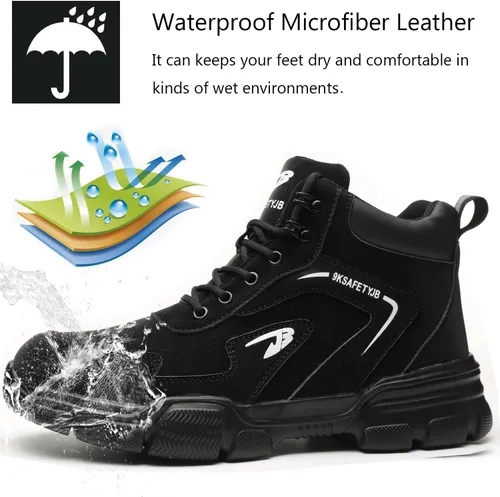 Vista 2 de PJZHJ Botas de punta de acero impermeables para hombres, Botas de trabajo de seguridad, Botas de punta de acero ligeras, Botas de construcción