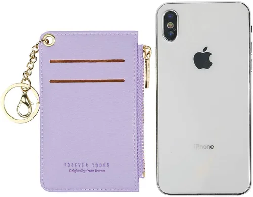 Vista 3 de Carteras pequeñas de cuero delgado para mujeres, tarjetero, cartera, monedero con llavero