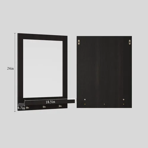 Vista 2 de ARTPOWER Espejo de pared de madera de 24 x 18.5 pulgadas con estante, espejo rectangular de pasillo con ganchos, espejos de pared colgantes