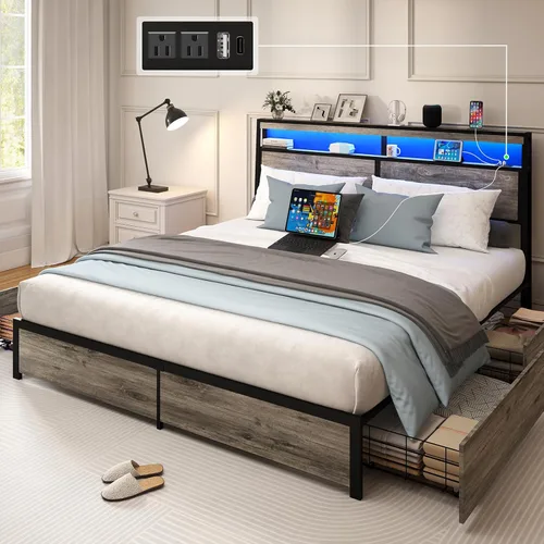 Vista 11 de SADENICEL Base de cama de tamaño matrimonial con almacenamiento, plataforma de cama de madera LED con cabecero, 2 cajones, estación de carga,