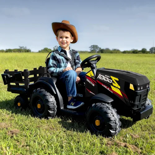 Vista 2 de Hikiddo Juguete tractor de paseo para niños de 24 V, tractor eléctrico para niños de 3 a 8 años con remolque, motores de 2 x 200 W, color negro