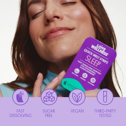 Vista 5 de Love Wellness Sleep* Tiras de derretimiento rápido - Apoyo para dormir de disolución rápida con melatonina y botánicos calmantes - Promueve un sueño