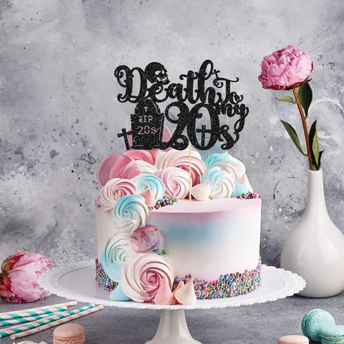 Vista 6 de 1 paquete de decoración negra para tarta de 30 años con purpurina de "Death to My 20", decoración para pastel de 30 años, decoración de fiesta