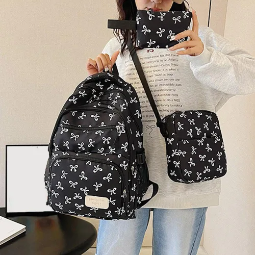 Vista 7 de Juego de 3 bolsas de mochila con lazo, lindo juego de mochila kawaii estética mochila con lazo con organizador integrado, Rosado, Tamaño único