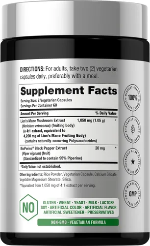 Vista 2 de Horbäach extracto de hongo melena de león 4200mg 120 cápsulas suplemento vegetariano, no transgénico, sin gluten