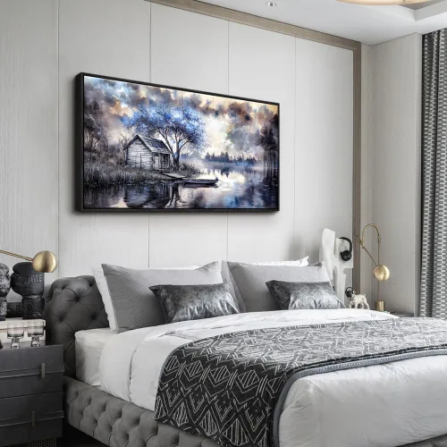 Vista 6 de ERQINHUA Arte de pared para sala de estar, lienzo decorativo de pared para dormitorio, oficina, decoración con árbol azul, paisaje junto al lago