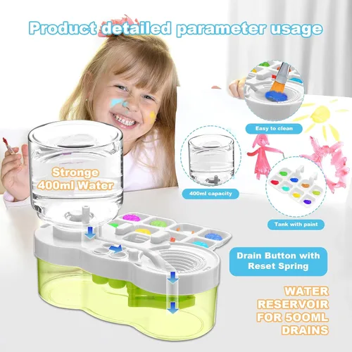 Vista 4 de Limpiador de pinceles, dispensador de enjuague de acuarela de ciclo de agua mejorado con soporte y paleta, sistema de limpieza para acrílico