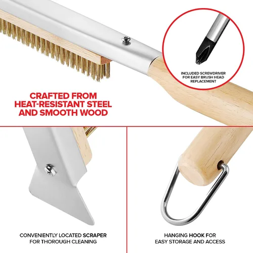 Vista 4 de Kit de accesorios esenciales para horno de pizza, incluye mango de madera extralargo, 2 cabezales de cepillo con cerdas de acero inoxidable