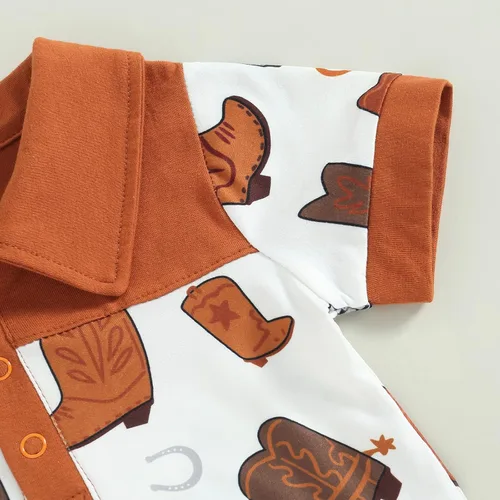 Vista 5 de Mameluco de manga corta con solapa y estampado de botas para recién nacidos, estilo polo, estilo casual, ropa de verano