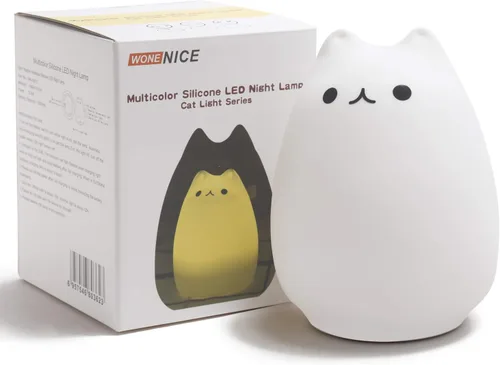 Vista 8 de WoneNice Linda luz nocturna de gatito, bonita lámpara de silicona recargable con blanco cálido y modos de respiración de 7 colores, control